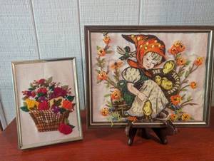 Framed Crewel Embroidery Pictures (Lot of 2)