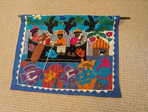 Handmade Quilted Wall Hanging Folk Art Fish Scene