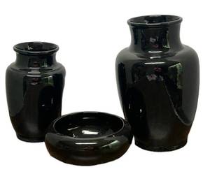 J6 - Vintage Roseville Pottery Black Glaze Vases & Bowl (Lot of 3)