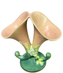 J6 - Vintage Roseville Pottery White Rose Double Cornucopia Vase 14-8