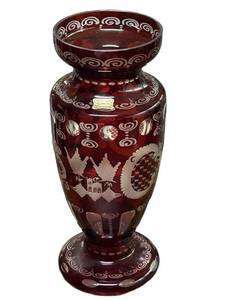 J6 - Vintage Egermann Bohemian Ruby Cut to Clear Etched Glass Vase