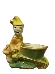 J6 - Vintage Ceramic Clown Elf Wheelbarrow Planter