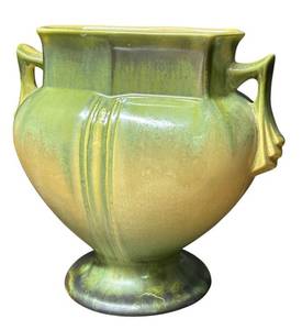 J6 - Roseville Russco Pillow Vase Green & Yellow Crystalline Glaze