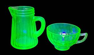 J5 - Vintage Uranium Green Depression Glass Syrup Pitcher & Federal Glass Thumbprint Teacup (Lot of 2)