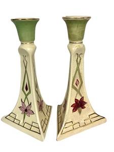 M1 - Antique Roseville Pottery Gold Traced Candlesticks Pair