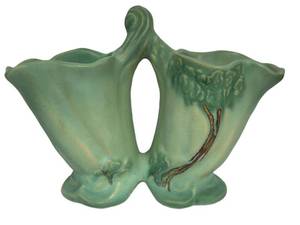 M4 - Antique 1937 Weller Oakwood Line Double Cornucopia Vase