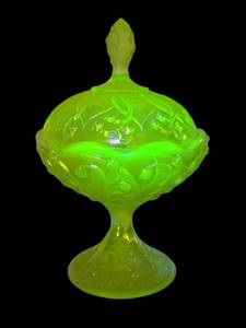F2 - Fenton Vaseline Glass Covered Candy Dish Lily of the Valley