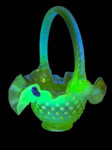 Vintage Fenton Vaseline Glass Hobnail Basket