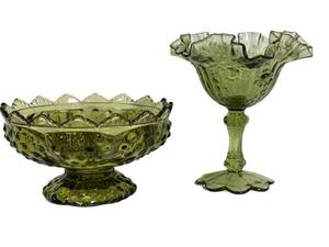 E2 - Vintage Fenton Green Glass Pedestal Bowl & Comport Mixed Lot