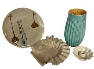 F3 - Vintage Red Wing Pottery Vase, Candle Holder, Ashtray & 10 Plate Mixed Lot