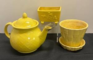 H4 - Vintage Usa Pottery Teapot, Baby Cradle Planter & McCoy Yellow Bamboo Planter