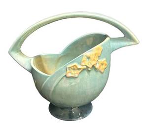 I6 - Vintage Roseville Wincraft Blue Handled Basket Planter