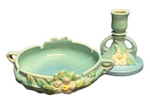 J3 - Vintage Roseville White Rose Bowl & Candle Holder