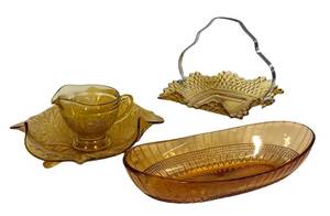 J2 - Mixed Lot Vintage Amber Glass Serving Pieces - Lancaster, Cambridge, Federal Glass and More