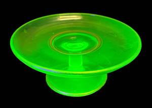 J3 - Vintage Cambridge Uranium Glass Pedestal Tray with Gold Accents