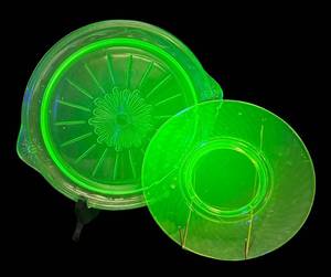 J2 - Vintage Jeanette Glass Uranium Glass Platter & Vintage Imperial Glass Twisted Optic Swirl Pattern Green Uranium Depression Plate