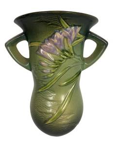 J1 - Vintage Roseville Freesia Green Double-Handled Wall Pocket
