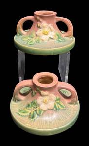 J1 - Pair of Vintage Roseville White Rose Candle Holders