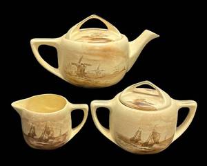K2 - Antique Roseville Landscape Pottery Teapot, Sugar Dish and Creamer Pitcher