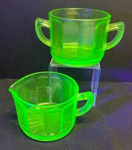 A1 - Vintage Hocking Uranium Glass Sugar Dish and Creamer
