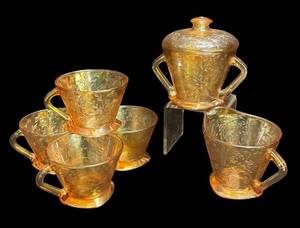 A1 - Vintage Jeanette Floragold Louisa Carnival Glass Teacups, Sugar Bowl and Creamer