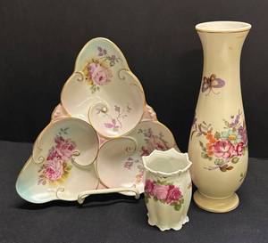 A1 - Vintage Austrian Floral Porcelain Vase, Leaf-Shaped Platter & Toothpick Holder
