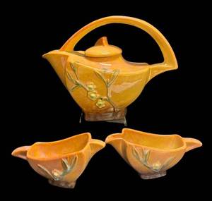 B3 - Vintage 1948 Roseville Pottery Wincraft Tea Set in the Orange Cherry Blossom Pattern.