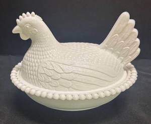 G6 - Vintage Milk Glass Chicken Dish with Beaded Rim