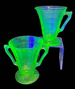 G4 - Vintage Hocking Uranium Glass Block Optic Creamer & Sugar Set