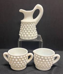 K6 - Vintage Fenton Hobnail Milk Glass Cruet, Creamer & Sugar Dish