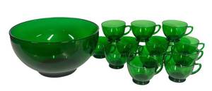 I6 - Vintage Anchor Hocking Emerald Green Punch Bowl Set