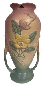 W - Vintage Hull Art Pottery Magnolia Vase 16 in Pink & Blue Matte Glaze