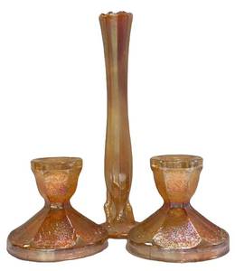 E1 - Vintage Jeanette & Dugan Carnival Glass Candlesticks & Bud Vase (Lot of 3)