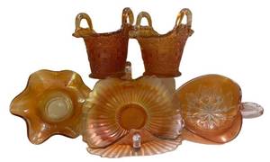C4 - Vintage Fenton & Dugan Marigold Carnival Glass Basket, Vase & Bonbon Dish