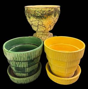 C4 - Vintage McCoy Planter Trio - Grecian Line Pedestal & Basketweave Planters
