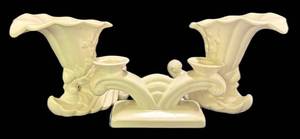 D1 - Vintage Red Wing Pottery Double Candle Holder & Cornucopia Vases (Lot of 3)
