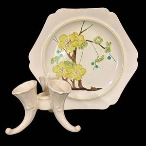D1 - Vintage Red Wing Pottery Dynasty Plum Blossom Yellow Platter & Cornucopia Holder Mixed Lot