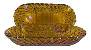 D1 - Vintage Indiana Glass Co. Marigold Carnival Glass Oblong Dishes Pretzel Pattern (Lot of 2)