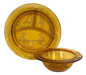 D3 - Vintage Indiana Glass Mother Goose Amber Glass Nursery Rhyme Set