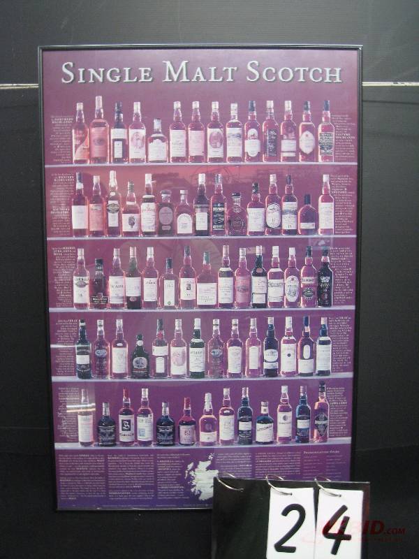 lot 24 image: Framed print of Single Malt Scotches of the World - in aluminum frame 24 w x 36 h