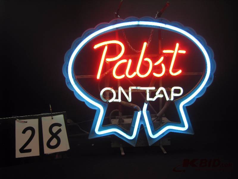 lot 28 image: Pabst on Tap neon with blue ribbon border 21 w x 20 h