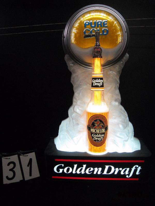 lot 31 image: Michelob Golden Draft bottle  keg tap motion display. Very Cool 21 w x 36  h x 9 deep