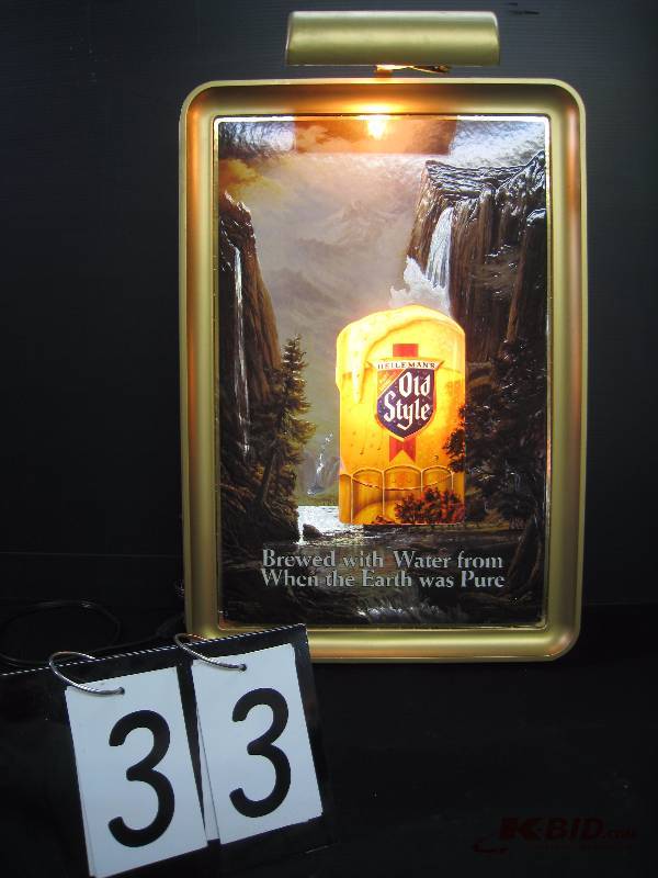 lot 33 image: Old Style vaccuum formed plastic wall hanging with gallery syle lamp. Nice old vintage sign 17 w x 24 h