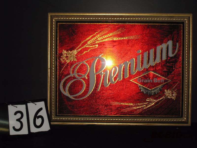 lot 36 image: Grain Belt Premium mirror, rich red in gold frame 26 w x 20 h