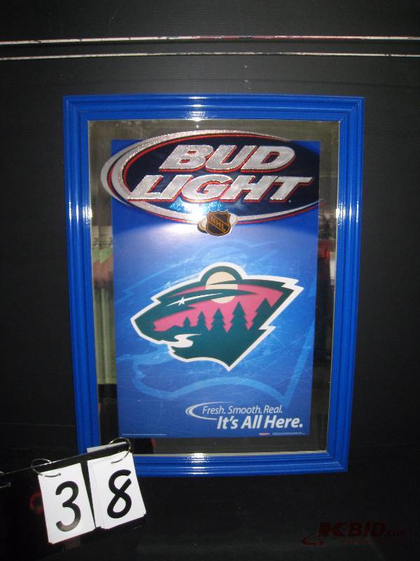 lot 38 image: Bud Light MN Wild mirror in blue frame 23 w x 31 h