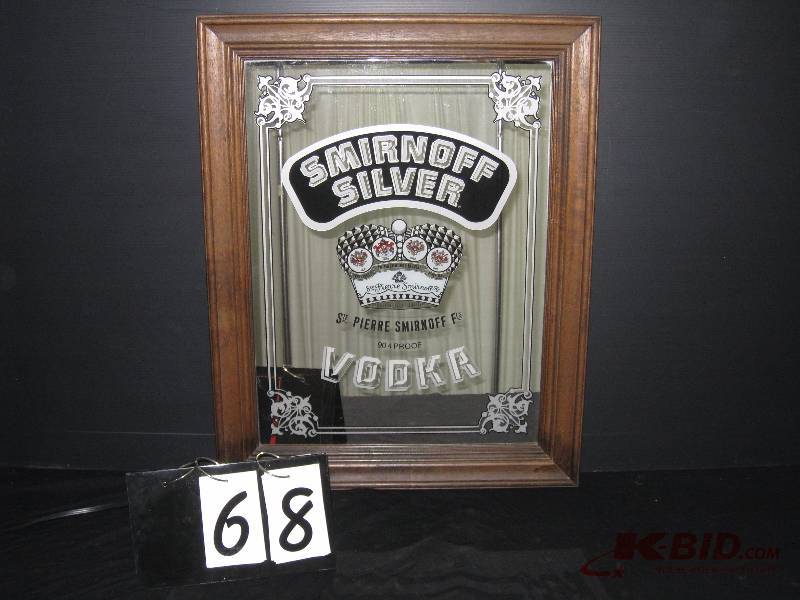 lot 68 image: Smirnoff Silver Vodka mirror (white curtain in background reflection of mirror not part of graphics) 23 w x 29 h