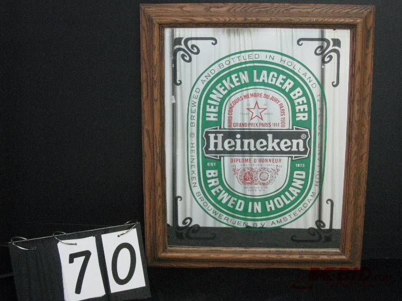 lot 70 image: Heineken mirror (white curtain in background reflection of mirror not part of graphics) 20 w x 24 h