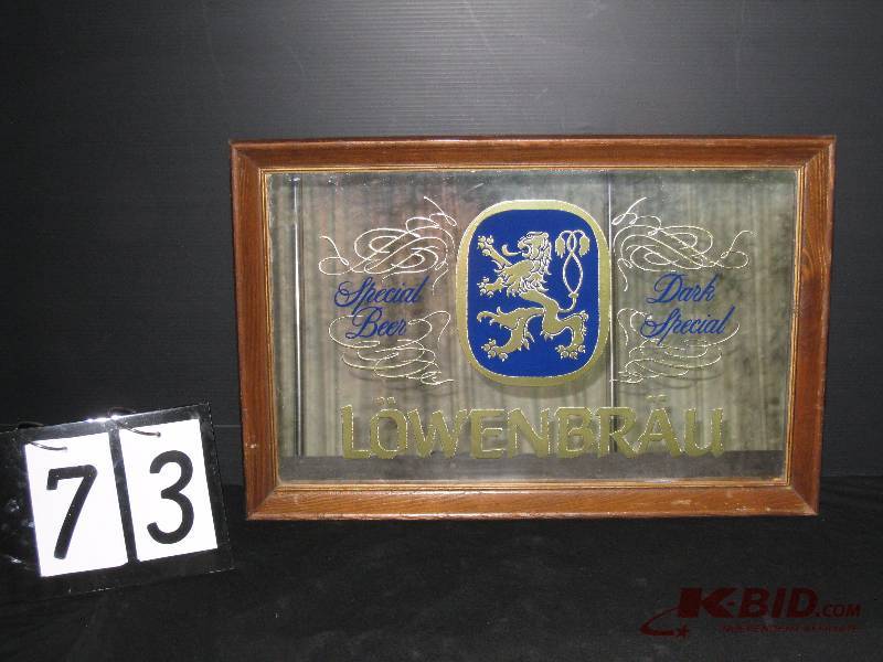 lot 73 image: Lowenbrau mirror (white curtain in background reflection of mirror not part of graphics) 24 w x 16 h