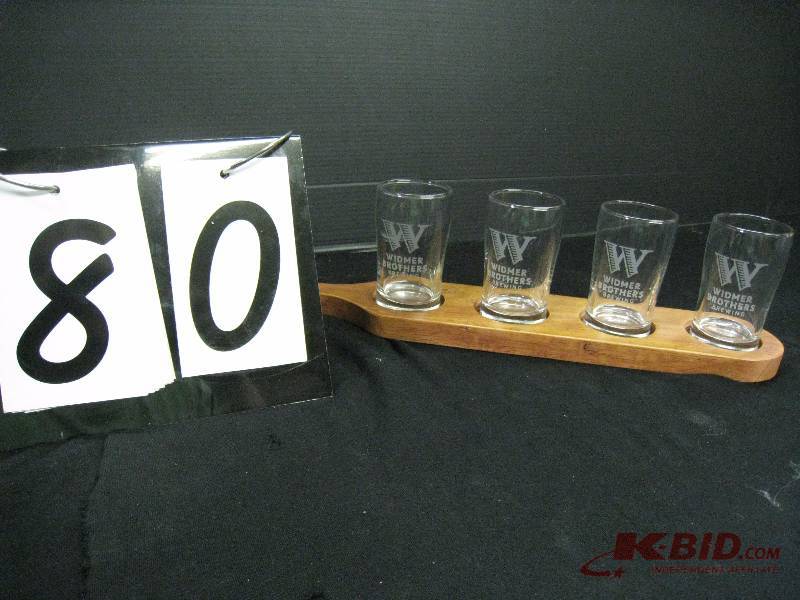 lot 80 image: Beerflight.com beer flight paddles with 4 Widmer Brothers Brewing glasses (4 oz)