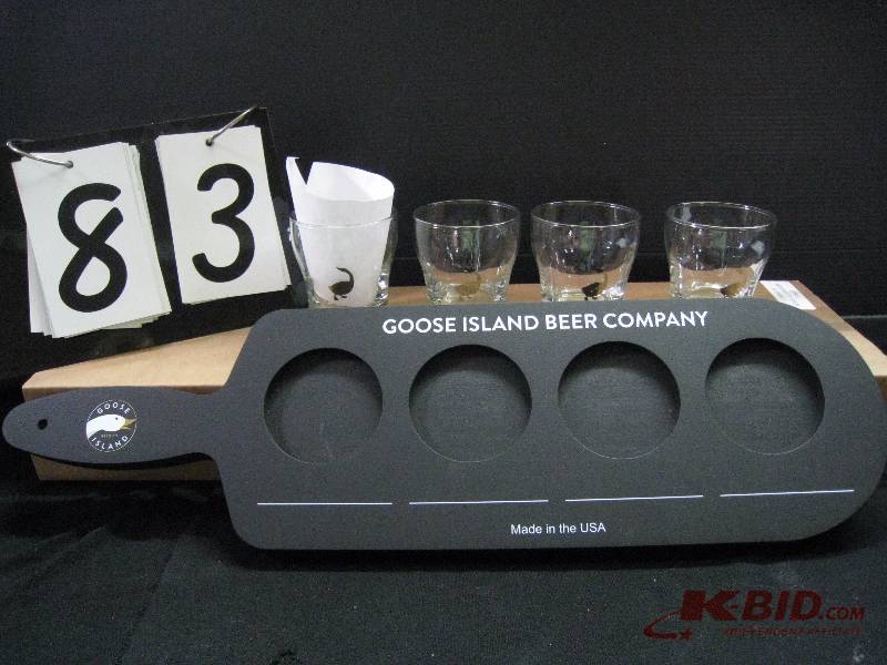 lot 83 image: Goose Island beer flight paddles with chalkboard surface, with 5 oz logo glasses